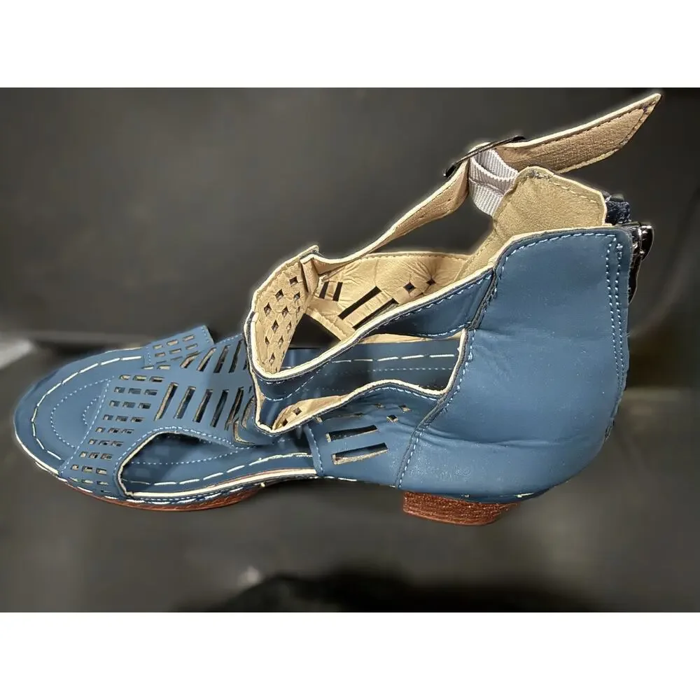 Blue Block Heel Cut Out Sandals With Back Zip & Buckle Faux Leather Size 10 New